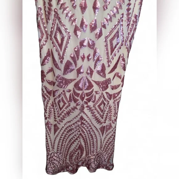 Allie Blu Pink/Cream Sequin Halter Backless Lace-upBodycon Formal Prom Dress